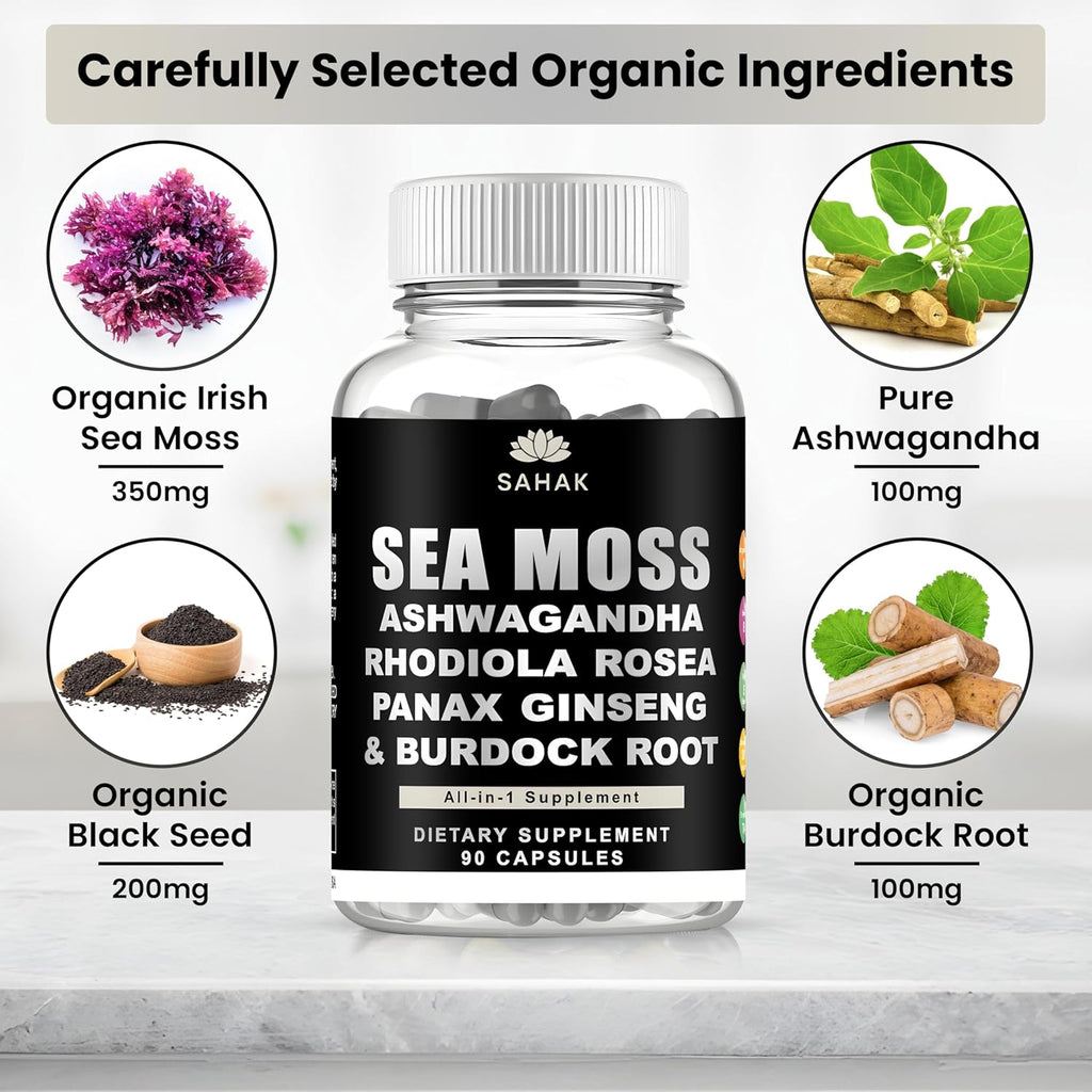 Sea Moss Capsules - Organic Irish Sea Moss with Ashwagandha, Rhodiola Rosea, Panax Ginseng, Burdock Root | Lab Tested | Immune Support, Energy, Cognition,for Women and Men - 90 Raw sea Moss Capsules