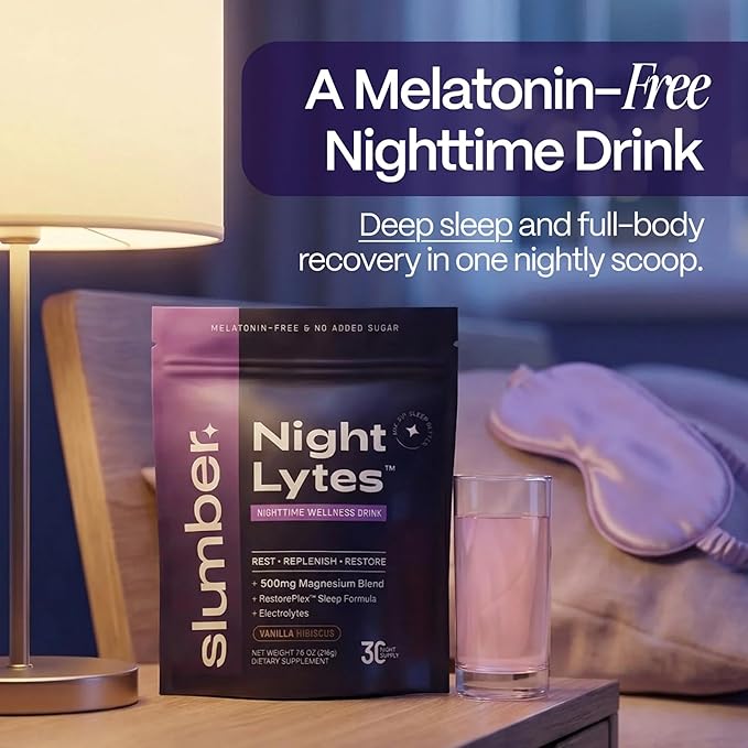 Slumber Night Lytes Magnesium Sleep Powder Drink Mix, Vanilla Hibiscus Flavor, Magnesium Glycinate, L-Theanine, Vitamin D3, Zinc, Sugar Free, Vegan, 30 Servings