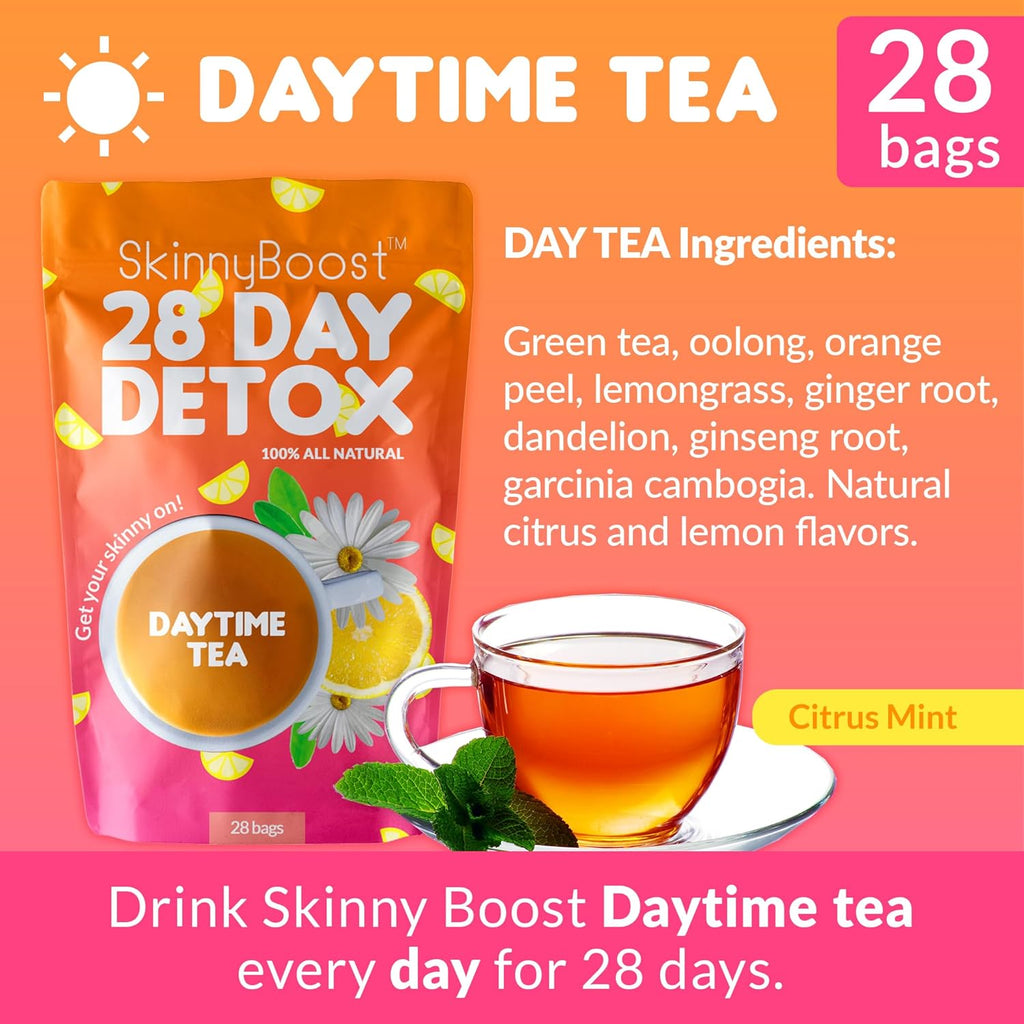 Skinny Boost Detox Tea Kit – 4 PACK - 2 Daytime Teas (56 Bags) 2- Evening Teas (28 Bags) – Herbal Detox for Weight, Metabolism, Energy, Bloating & Colon Cleanse – Green Tea, Vegan, Keto, Non-GMO, Sugar-Free
