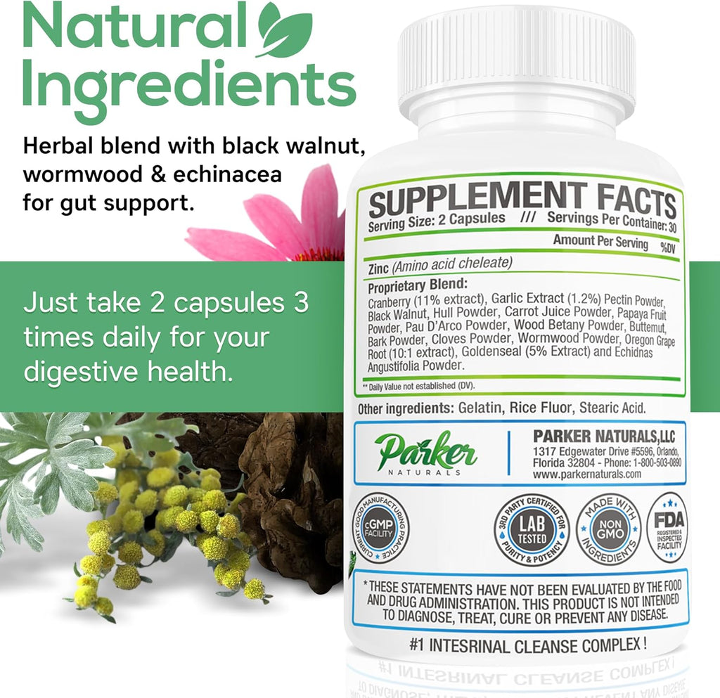 Intestinal Cleanse for Adults – Extra Strength Intestine Cleanse and Detox Supplements with Black Walnut Hull, Wormwood, and Echinacea – 60 Capsules