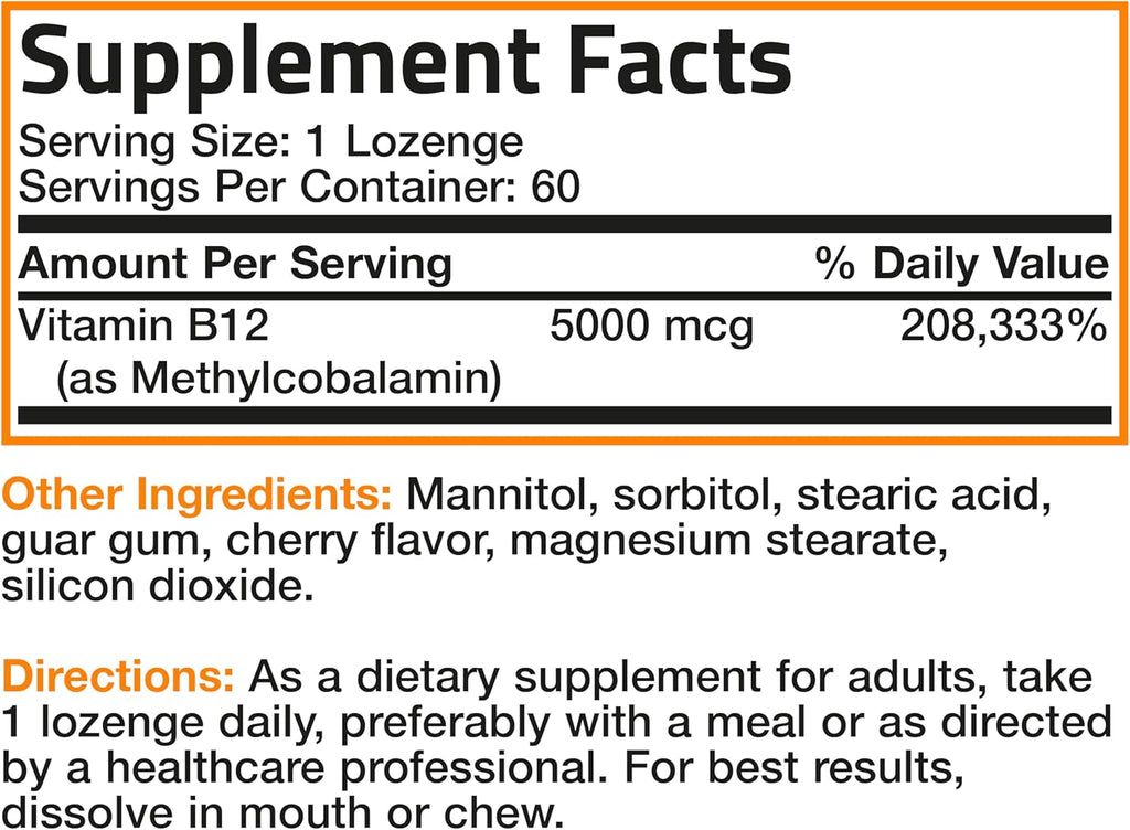 Bronson Methyl B12 5000 mcg Vitamin B12 Methylcobalamin Energy & Brain Support 60 Lozenges