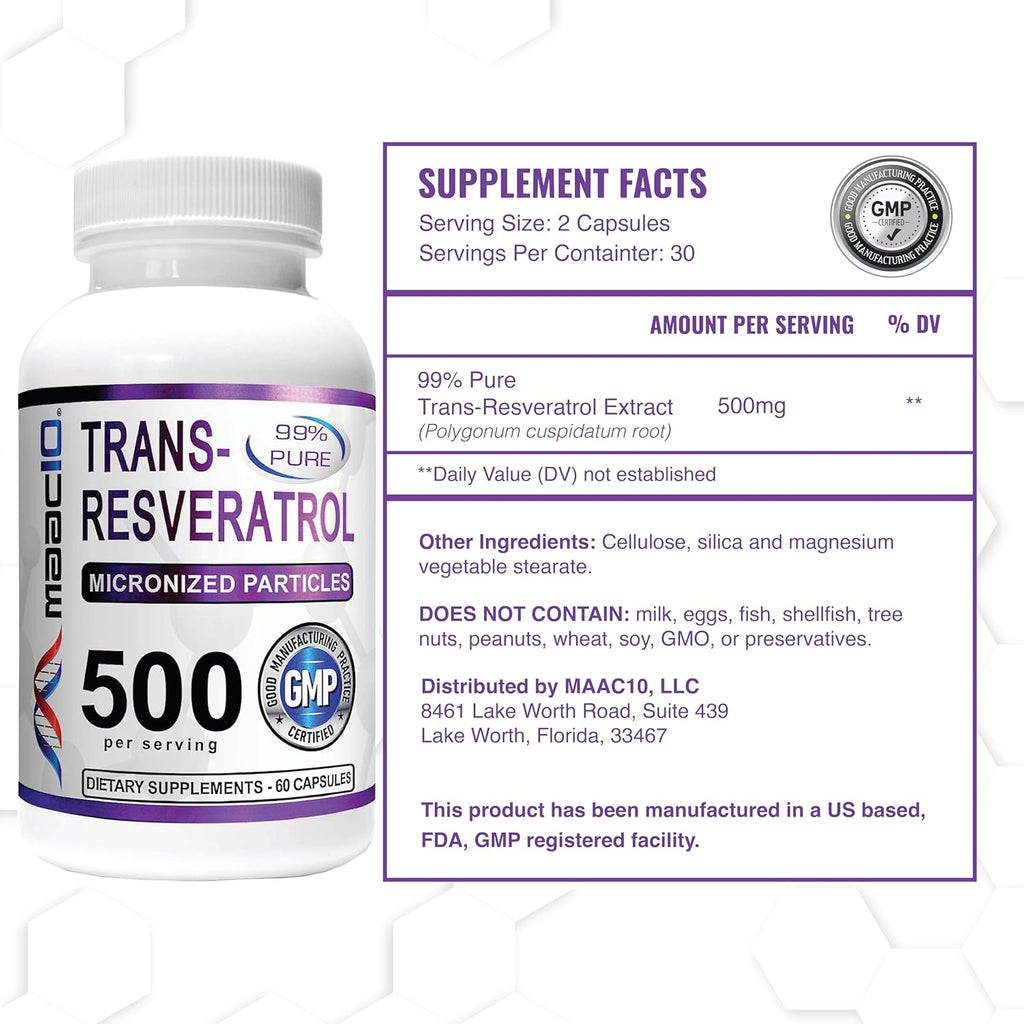 MAAC10 Trans Resveratrol 500mg Supplement (Micronized Pharmaceutical Grade 99% Pure Trans-Resveratrol Extract + BioPerine for Superior Absorption) (2X 250mg Capsules 60ct)