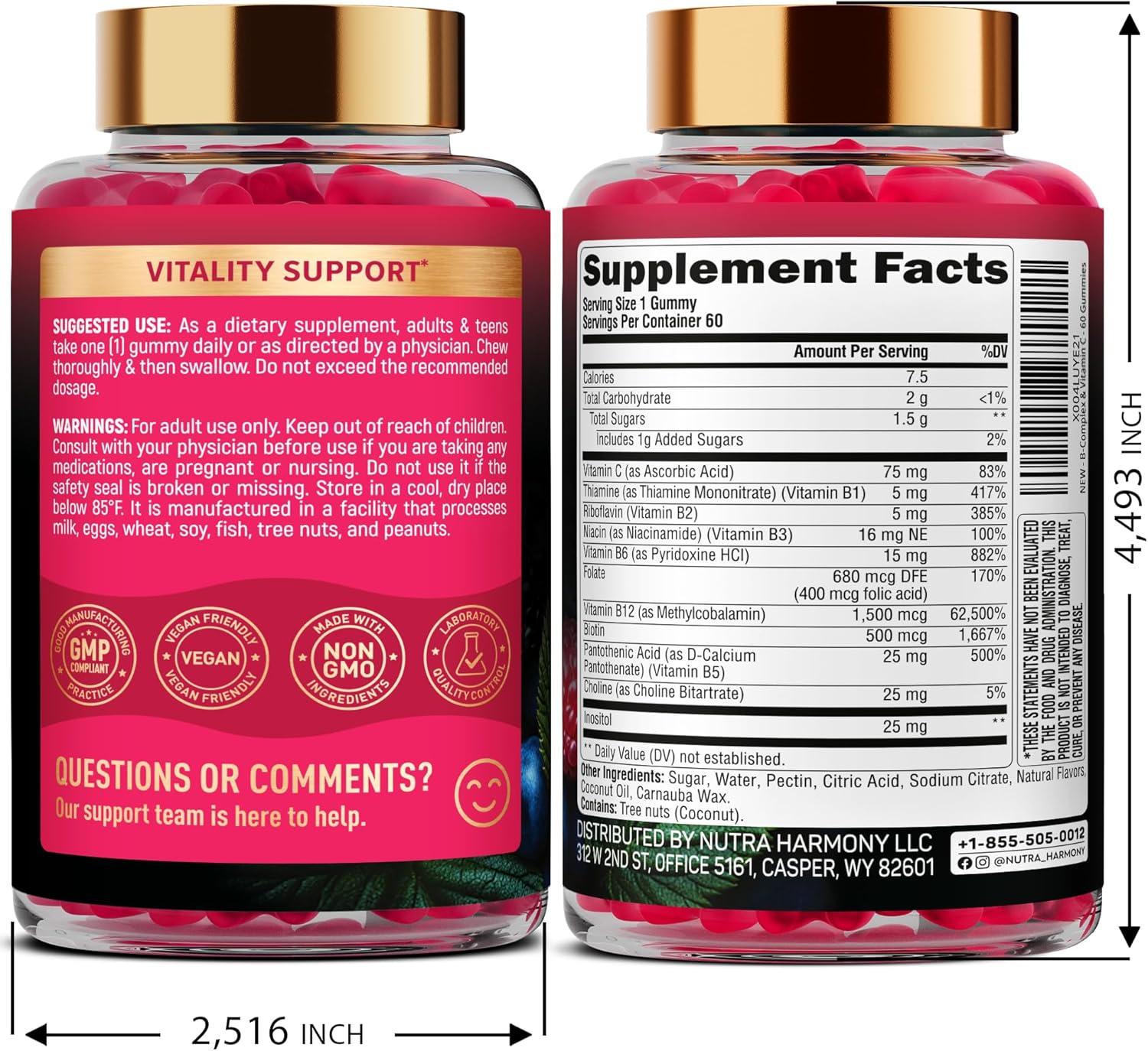 Vitamin B-Complex Gummies for Women & Men - Vitamin B12, B1, B2, B3, B5, B6, B7 & B9 - B Complex with Vitamin C & Choline - Energy, Brain & Mood - Natural Berry Flavor, Vegan - 60 Gummies 2 Pack