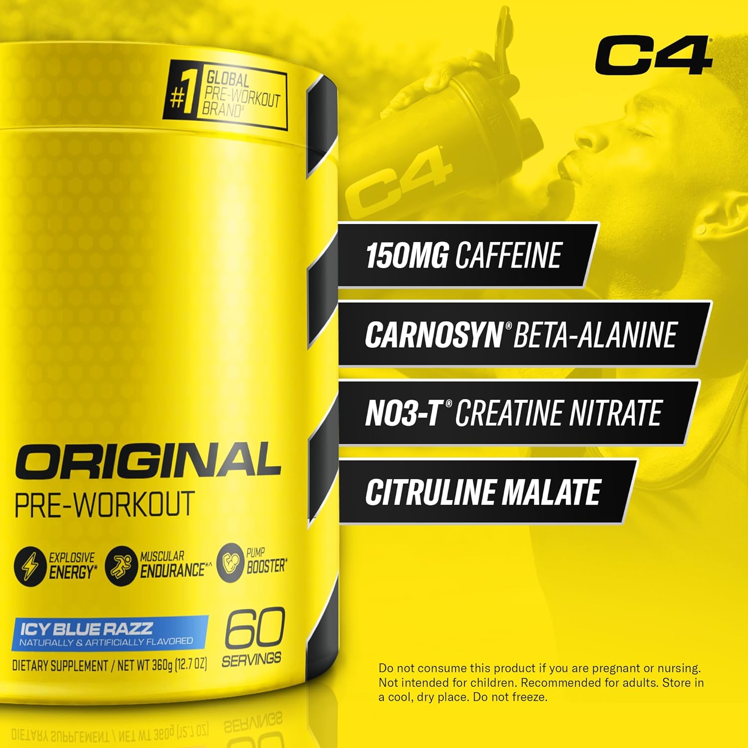 Cellucor C4 Original Pre Workout Powder ICY Blue Razz - Vitamin C for Immune Support - Sugar Free Preworkout Energy for Men & Women - 150mg Caffeine Plus Beta Alanine Plus Creatine - 60 Servings