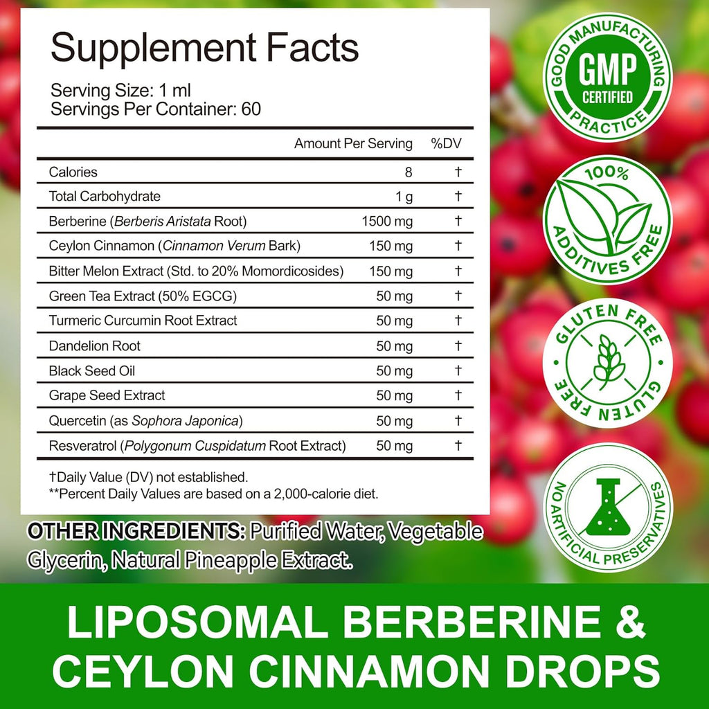 Berberine Supplement Liquid 60ml, Berberine with Ceylon Cinnamon, Berberine Drops with Turmeric Curcumin, Bitter Melon, Immune Support, Digestive Health Support