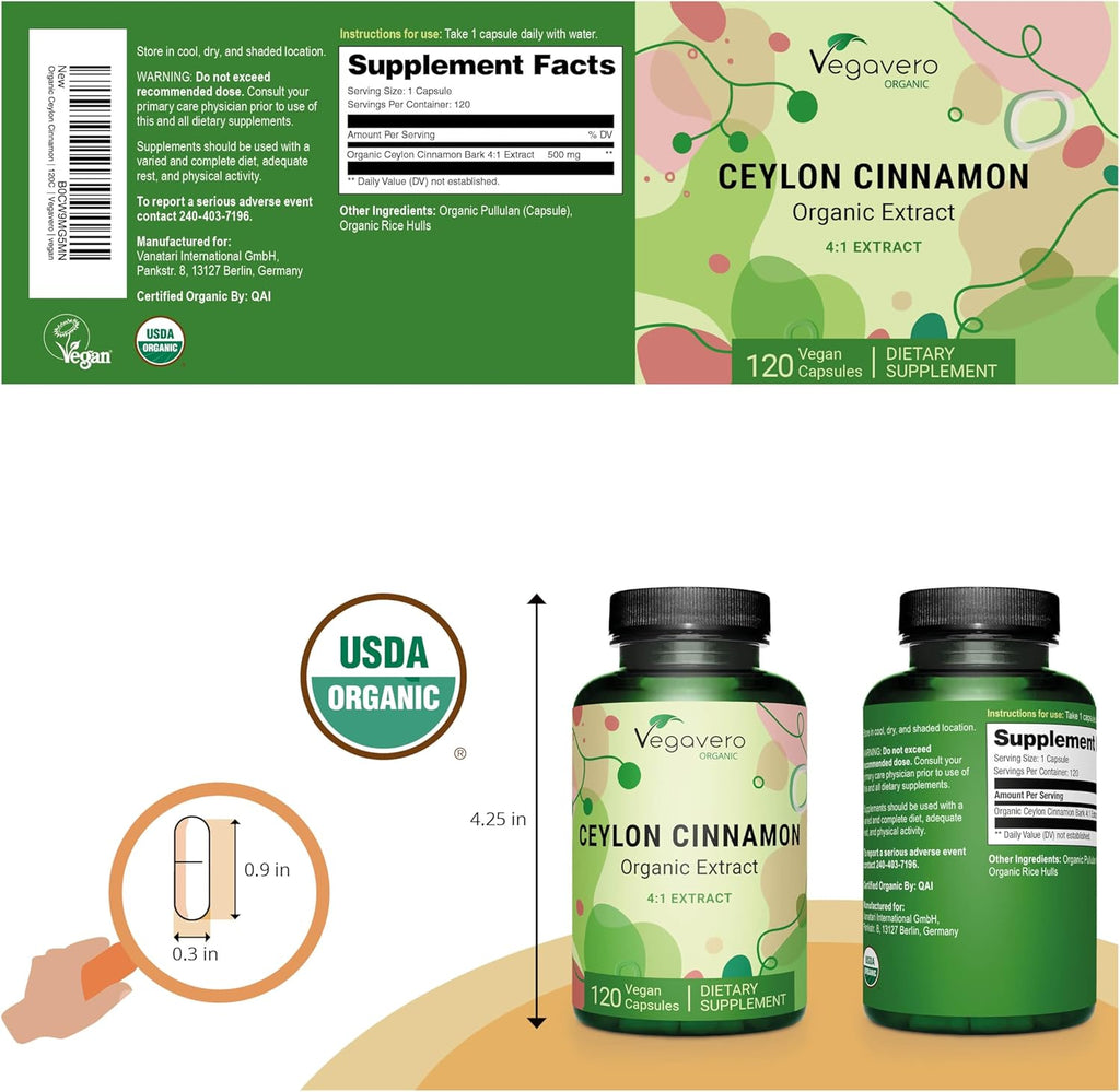 Organic Ceylon Cinnamon | 2000mg | USDA Certified | NO Artificial Additives | 4 Month Supply | Lab-Tested, Non-GMO | 120 Capsules | Vegan