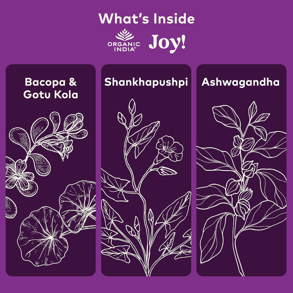 ORGANIC INDIA Joy Herbal Supplement - Immune Support, Promotes Memory & Concentration, Vegan, Gluten-Free, Kosher, USDA Certified Organic, Non-GMO, Calming - 90 Capsules