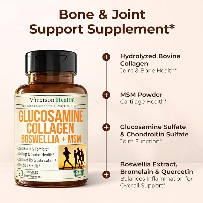 Glucosamine Chondroitin MSM with Hydrolyzed Collagen Peptides - Joint Support Supplement with Quercetin, Bromelain & Boswellia Extract - Collagen pills for Hair Skin Nails - FSA Eligible 120 Caps