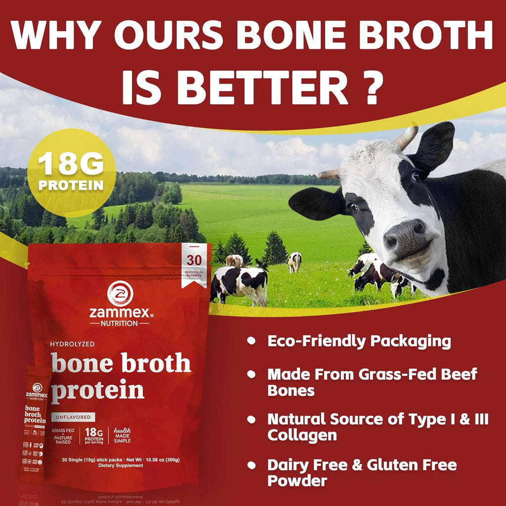 Zammex Bone Broth Packets-20g Collagen Protein-Beef Bone Broth Powder to Go-30 Travel Stick Packets-Supports Skin Nails Joints, Gut Health | Gluten-Free |Keto & Paleo Friendly (15 Servings)