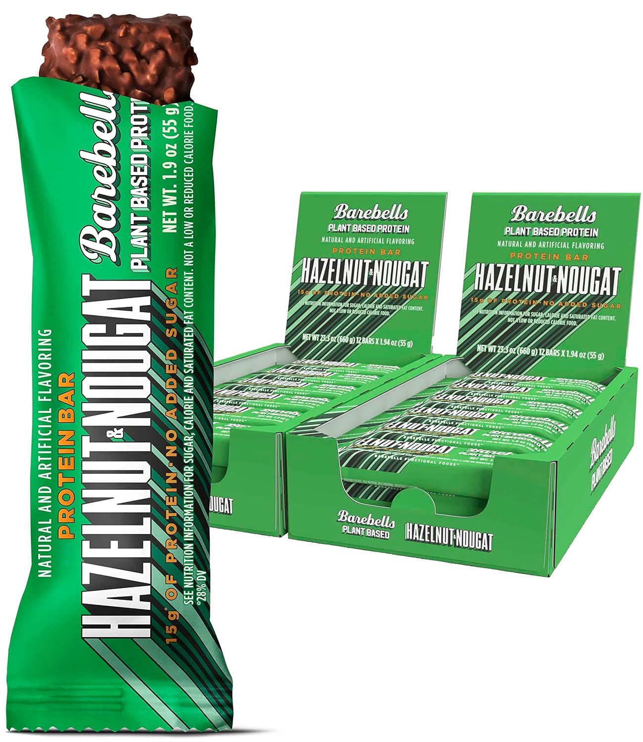 Barebells Vegan Protein Bars Hazelnut & Nougat - 12 Count, Pack of 2 - Plant Based Protein Bar with 15g of High Protein - Chocolate Protein Snacks with 1g of Total Sugars - On The Go Breakfast Bars