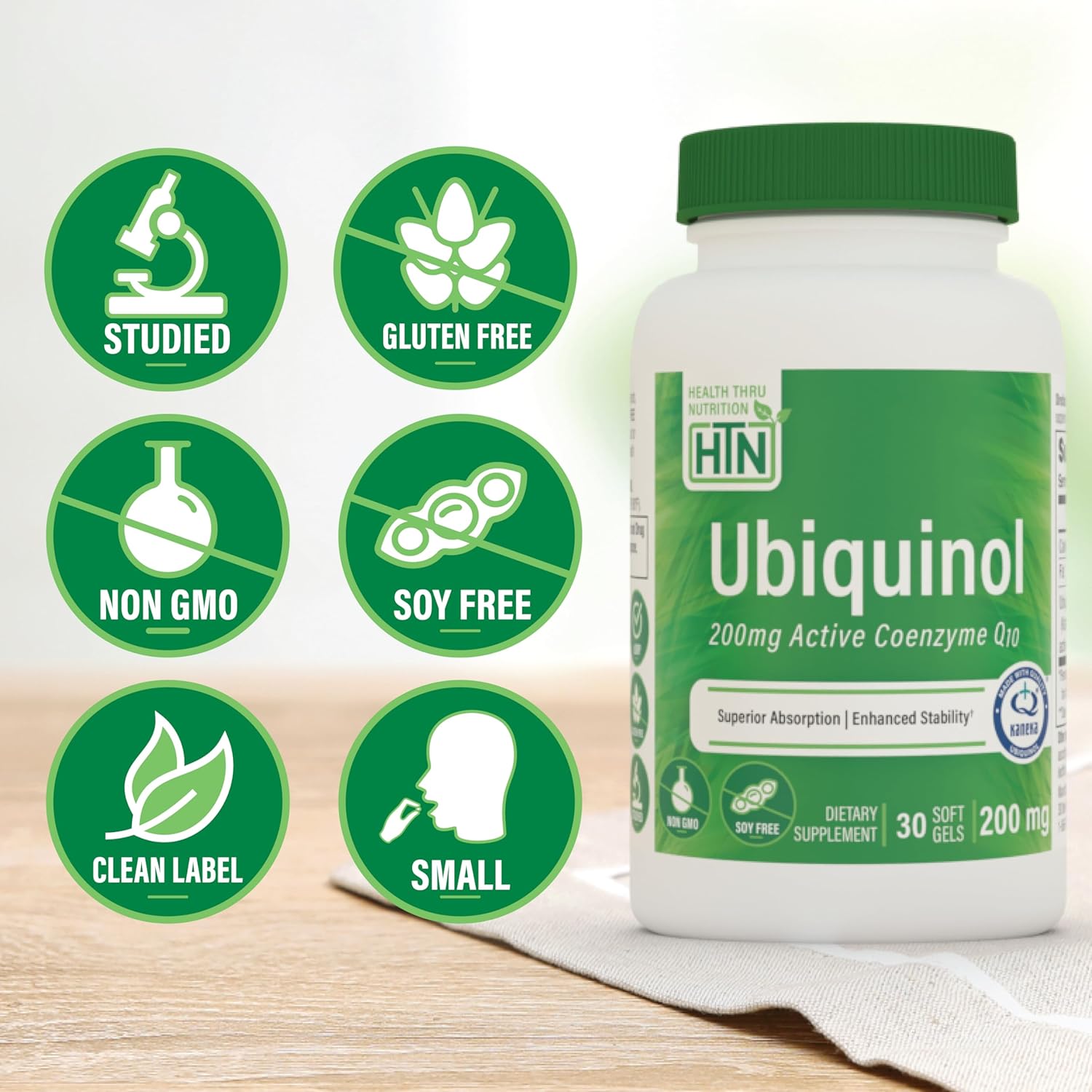 Health Thru Nutrition Ubiquinol 200mg 30 Softgels as Kaneka QH Reduced CoQ-10 | Stabilized - 3rd Party Tested | Enhanced Bioavailability | Cardiovascular & Mitochondria Function Support | Non-GMO
