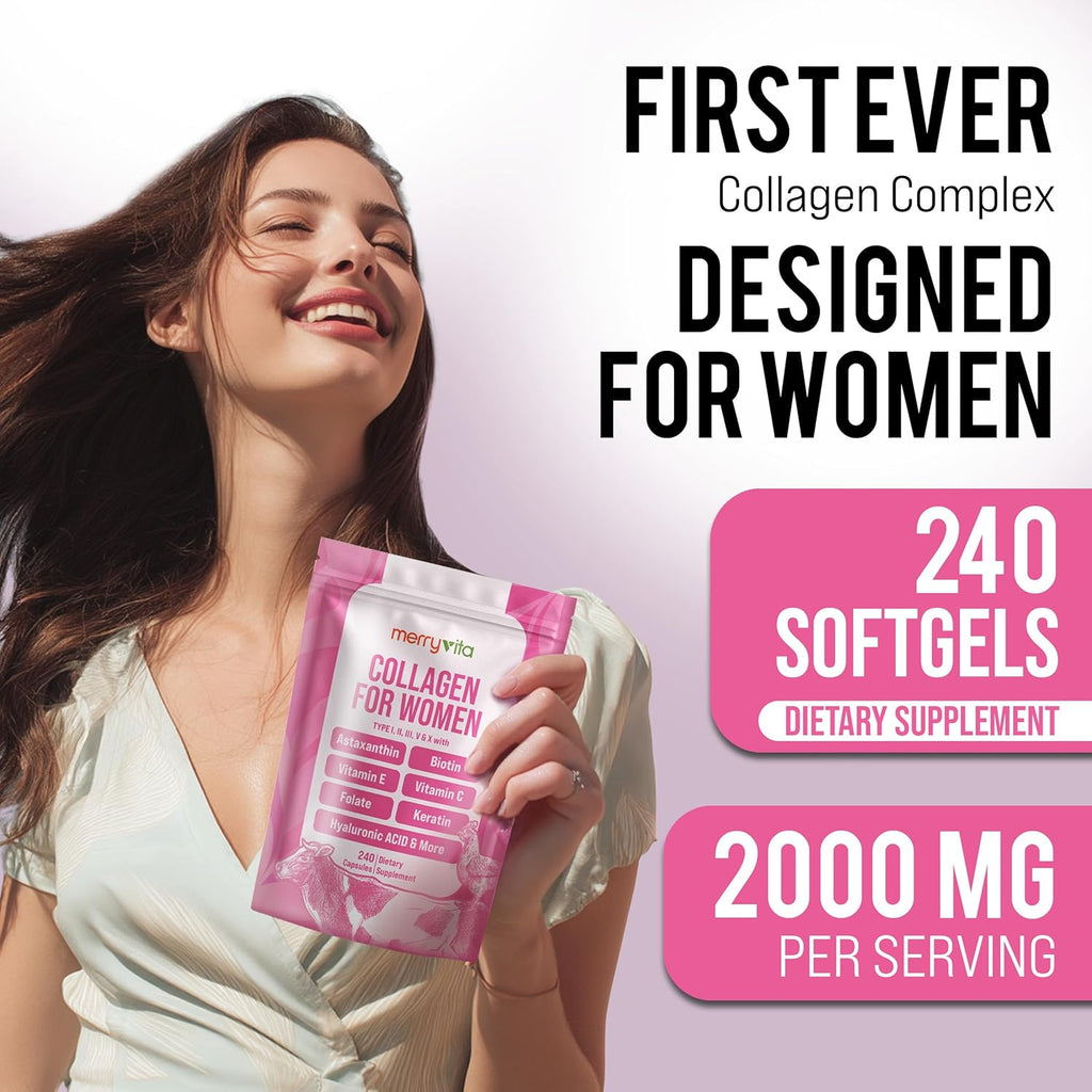 Collagen for Women – Hydrolyzed Multi Collagen Peptides Types I, II, III, V & X – Collagen Supplement with Vitamin C, Biotin & Hyaluronic Acid – Grass Fed, Non-GMO, 240 Capsules