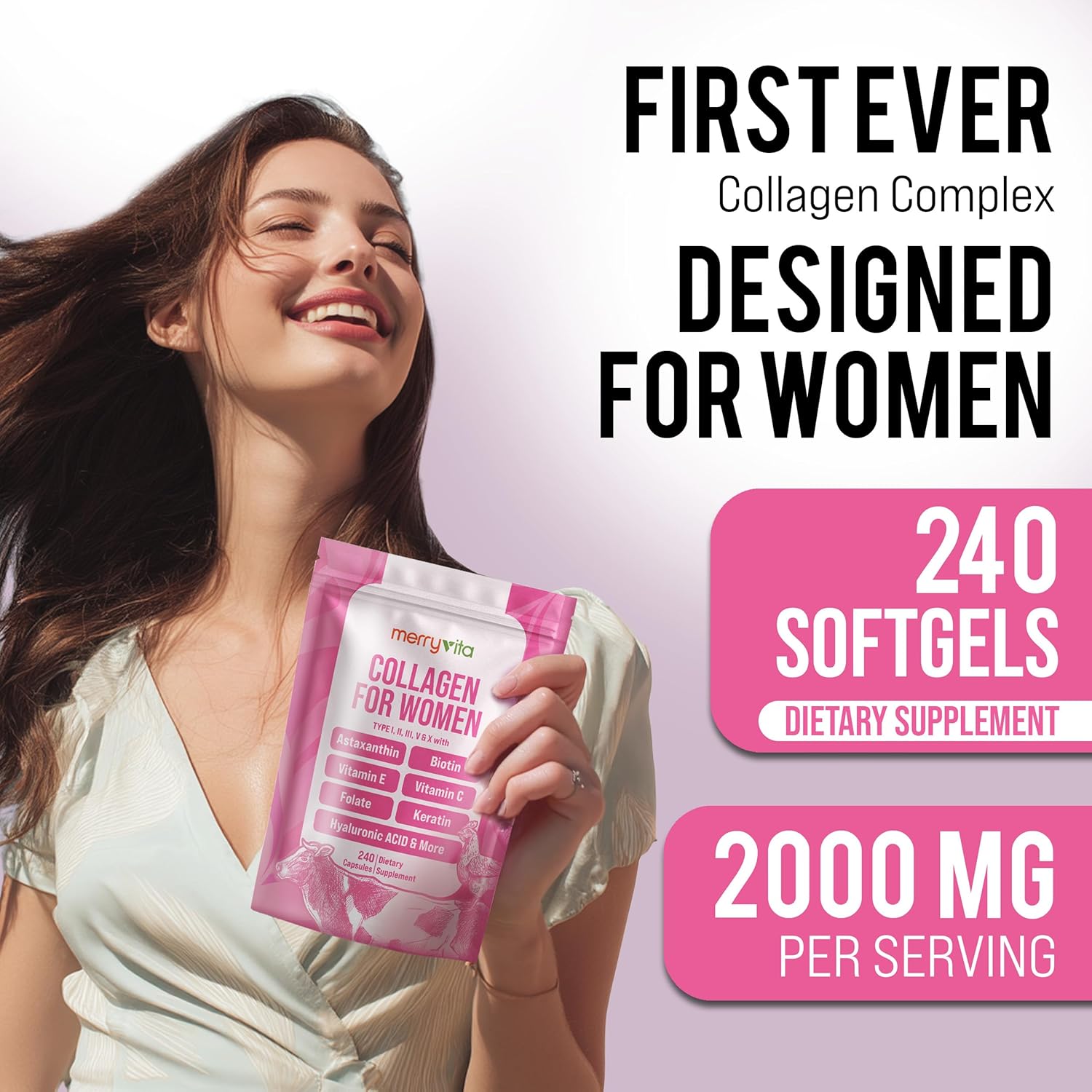 Collagen for Women – Hydrolyzed Multi Collagen Peptides Types I, II, III, V & X – Collagen Supplement with Vitamin C, Biotin & Hyaluronic Acid – Grass Fed, Non-GMO, 240 Capsules