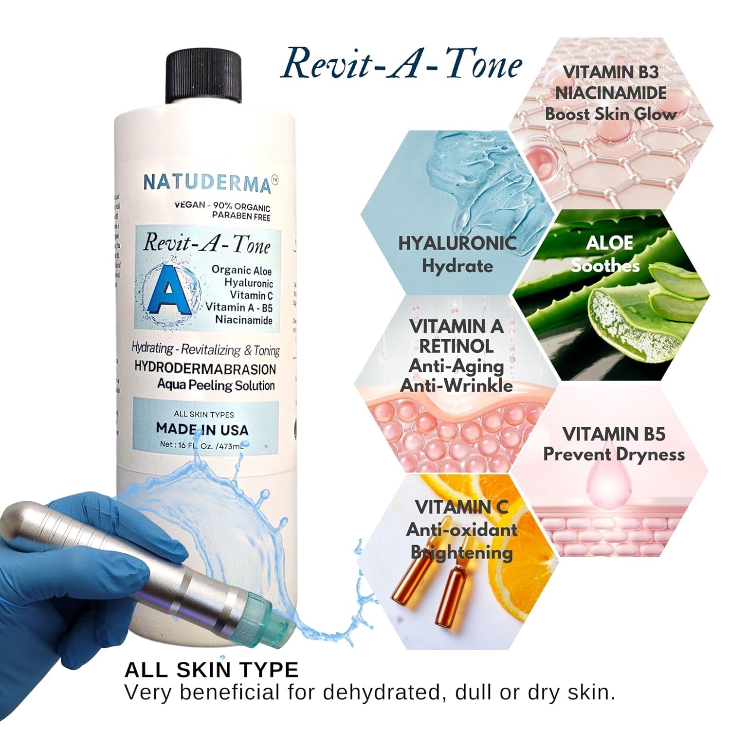 Hydrodermabrasion Solution, Aqua Peeling Serum, Solution for Wet Microdermabrasion, 3 bottles of 16 oz each, Natuderma Hydro Serum. MADE IN USA