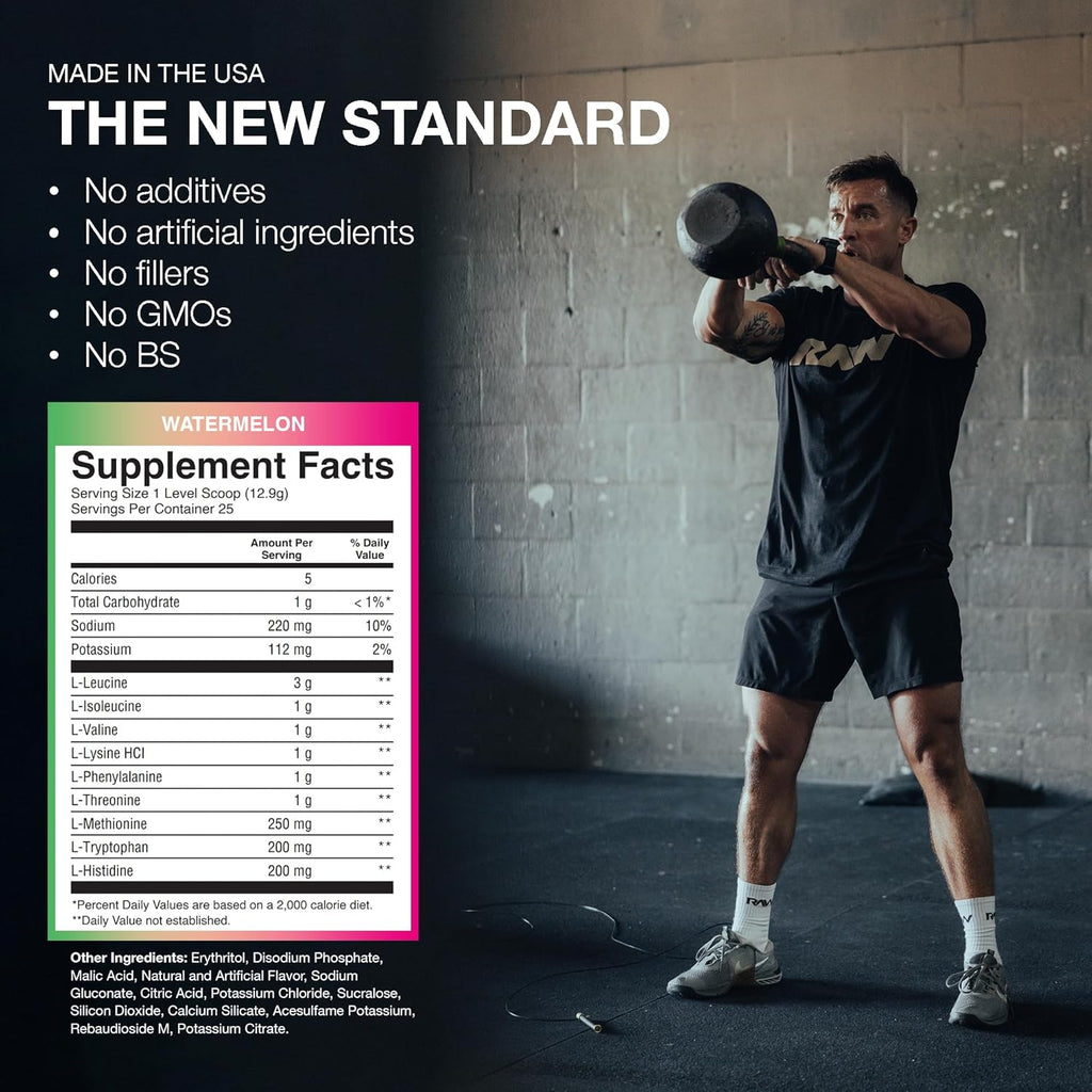 RAW EAA Amino Acids Powder, Watermelon (25 Servings) - Pre Workout Amino Energy Powder for Strength, Endurance, Recovery & Lean Muscle Growth - BCAA Amino Acids Supplement for Men & Women