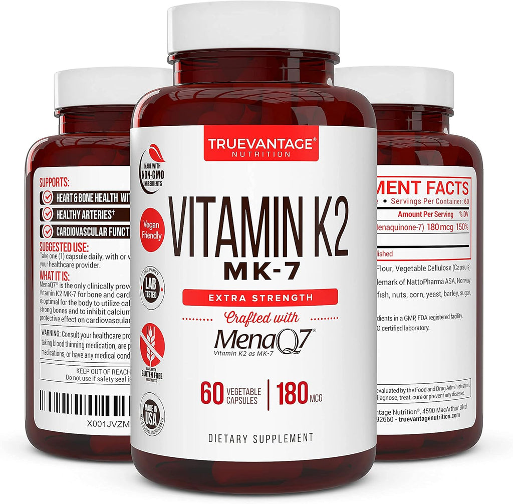 Vitamin k2 MK-7 Supplement 180mcg -Vitamin K2 Supports Bone & Heart Health for Cardiovascular Calcium Absorption from Arteries- 60 Easy to Swallow Vegetable caps of MenaQ7 K2 MK7