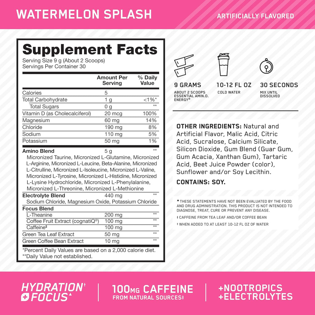 Optimum Nutrition Amino Energy Powder Plus Focus, with BCAA, Electrolytes, and Caffeine, Watermelon, 30 Servings (Packaging May Vary)
