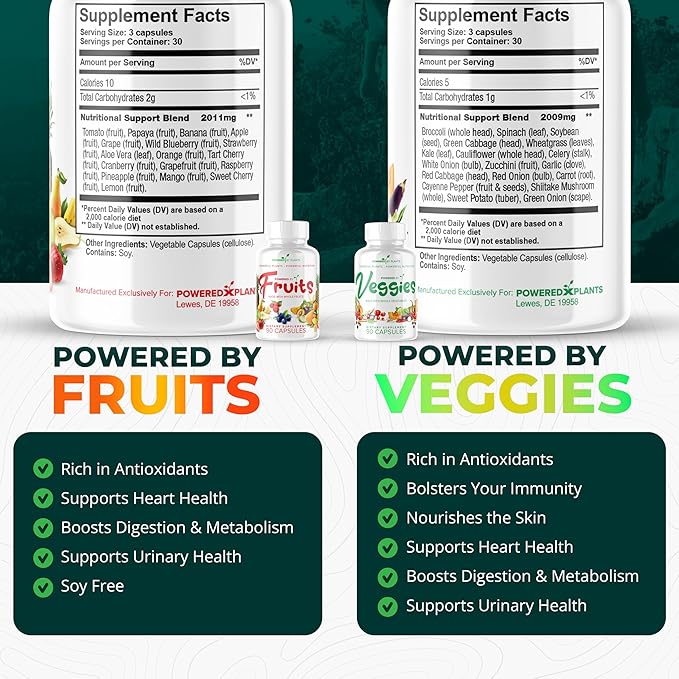 Daily Fruits and Veggies Supplement - 180 Capsules for 30 Days, Non GMO & Gluten Free Superfood with Natural Vitamins - Powered by Plants, 2-Pack