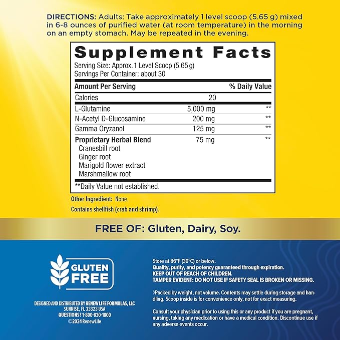 Renew Life IntestiNew Intestinal Lining Support Formula, Powder Supplement Supports Digestive Health, L-Glutamine, Dairy, Soy and gluten-free, 5.7 oz.