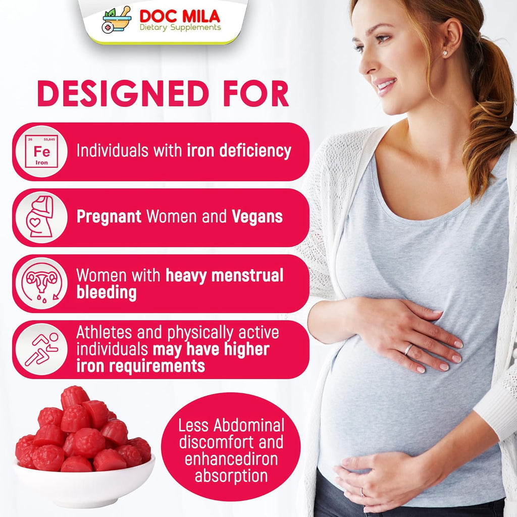 Iron Supplement for Kids and Adults - Iron Bisglycinate Gummies 25mg with Liposomal VIT C - Chelated Iron Supplement for Women and Men - 60 Gummies, 1 Month Supply