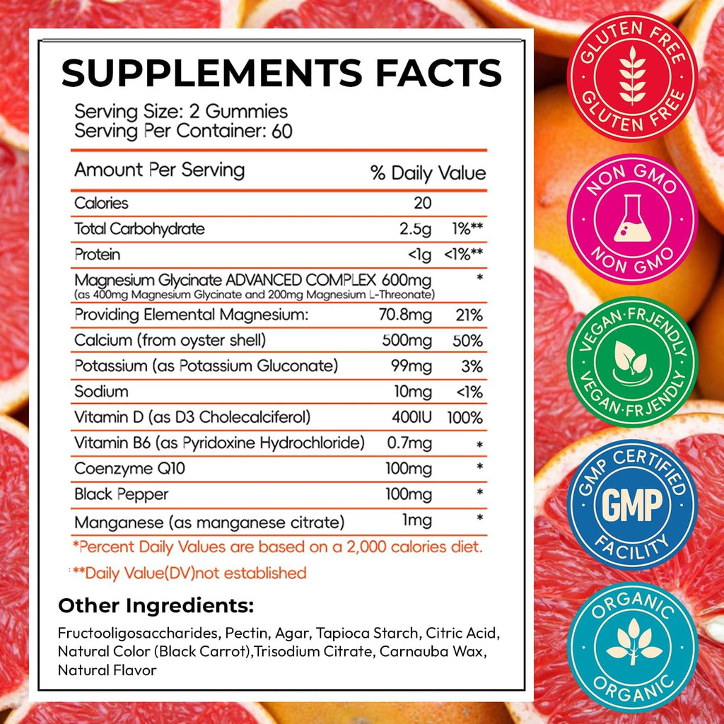 Magnesium Glycinate Gummies for Women & Kids, High Absorption Magnesium Citrate with L-Threonate, Calcium, B6, D3, Chews Gummy, Relaxation, Stress Relief, Night Rest