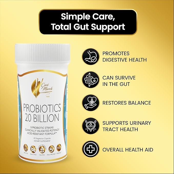 Cocó March N.M.D. Probiotics 20 Billion CFU – Probiotics for Women & Men - Gut Health, Digestive & Immune Support – 9 Probiotic Strains, Acid-Resistant Formula - Gluten Free & Dairy Free, 60 Capsules