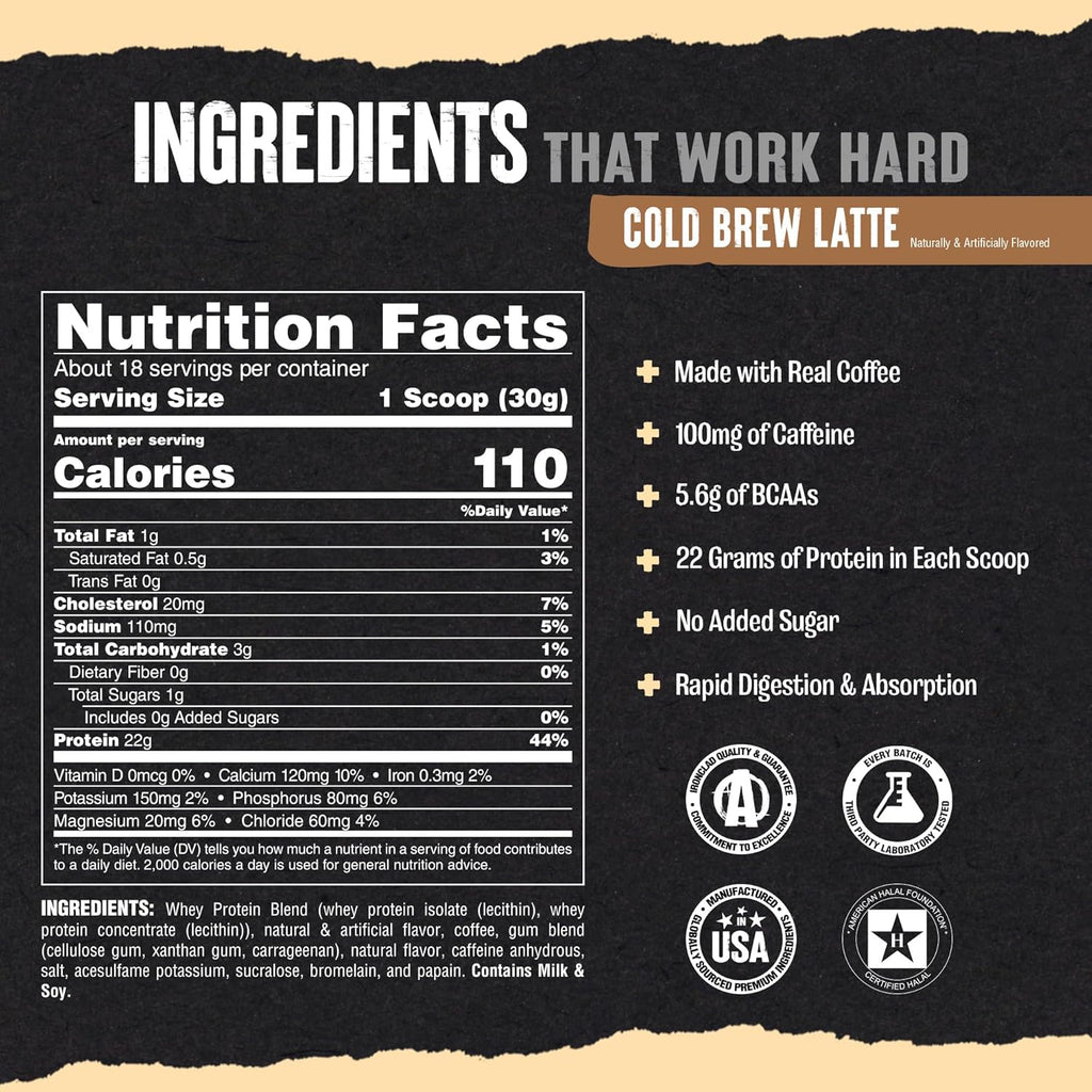 Animal Whey Protein Coffee Powder, Loaded with 22g of Protein, 100mg of Caffeine, and BCAAs for Pre & Post Workout Muscle Builder Recovery with Digestive Enzymes for Men & Women, Cold Brew Latte, 1 lb