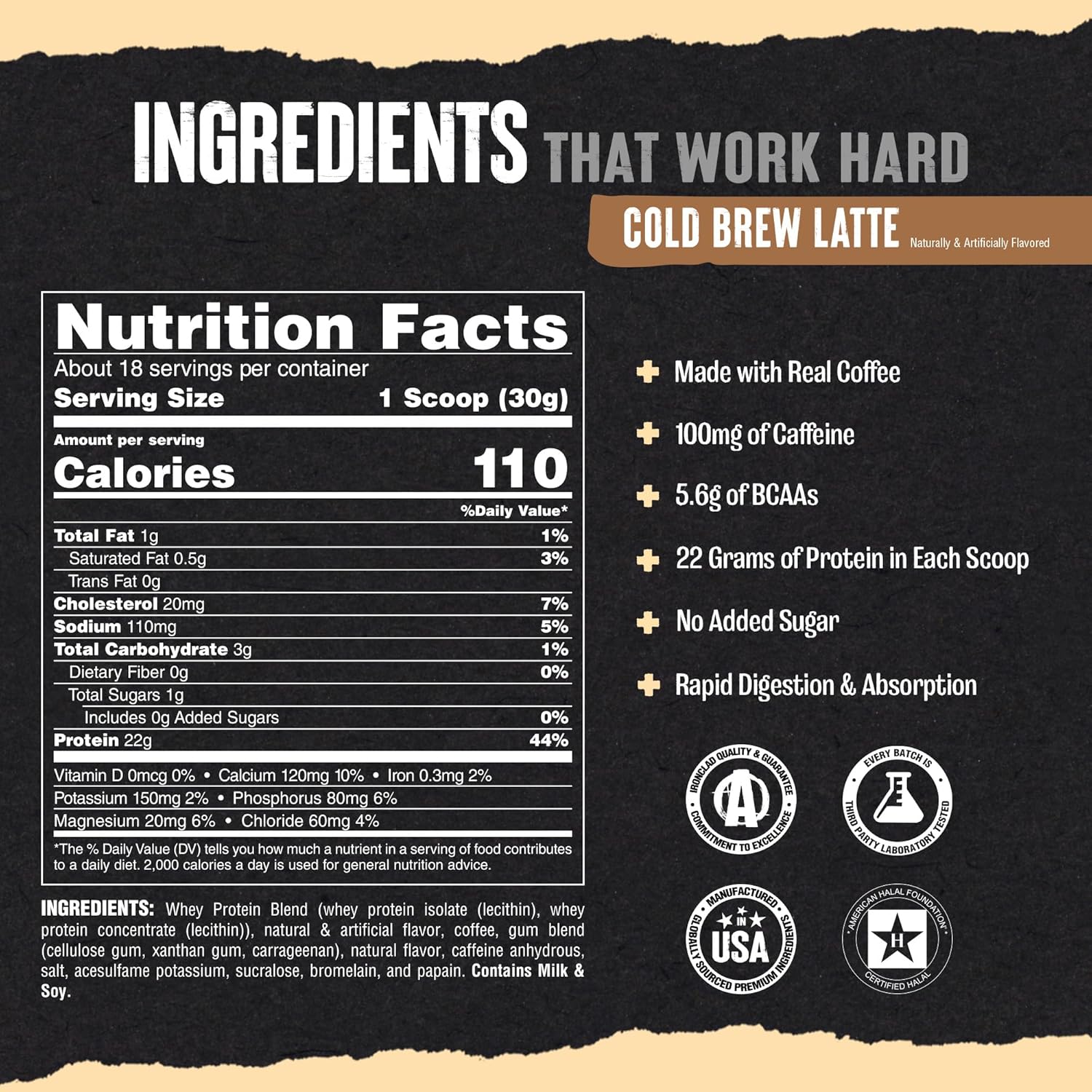Animal Whey Protein Coffee Powder, Loaded with 22g of Protein, 100mg of Caffeine, and BCAAs for Pre & Post Workout Muscle Builder Recovery with Digestive Enzymes for Men & Women, Cold Brew Latte, 1 lb