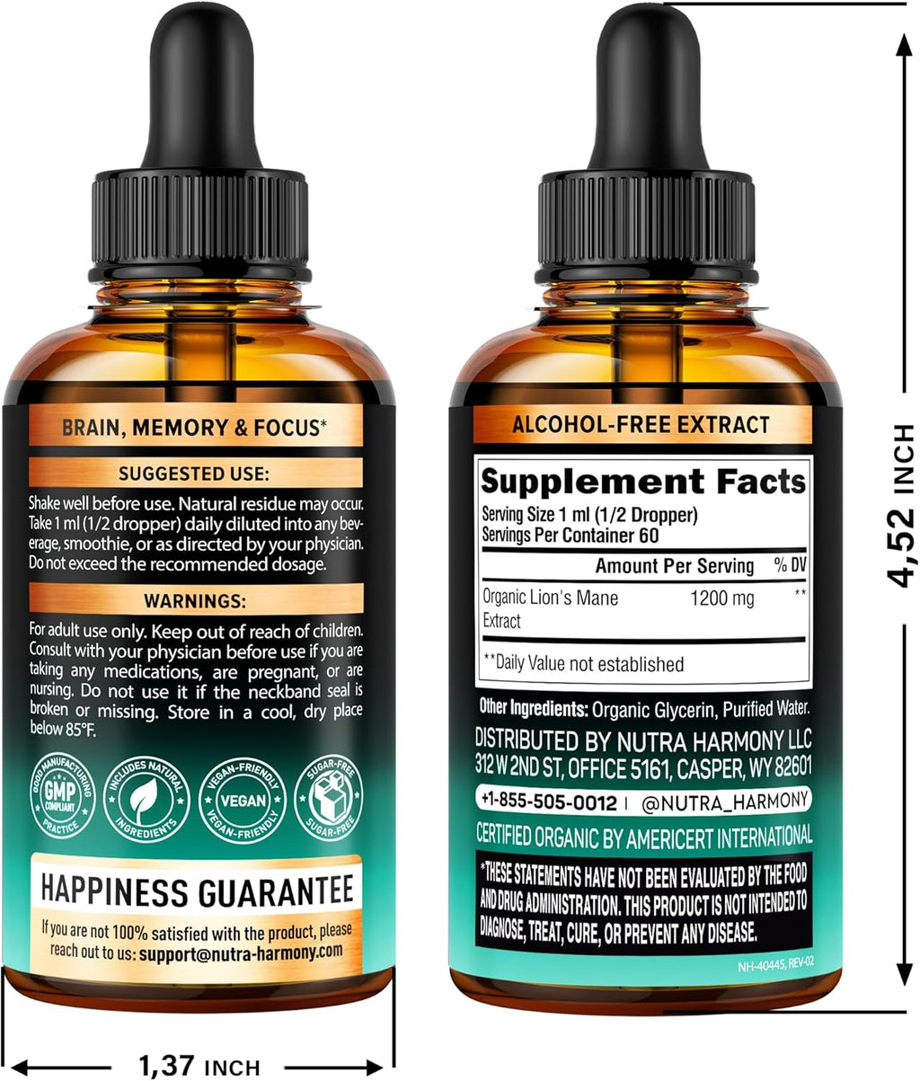 Lions Mane Liquid - USDA Certified Organic Lions Mane Supplement - Brain Support, Energy, Memory & Focus - Sugar & Alcohol-Free Lion's Mane Mushroom Extract 72,000 mg / Bottle, 2 Fl OZ, 2 Month Supply