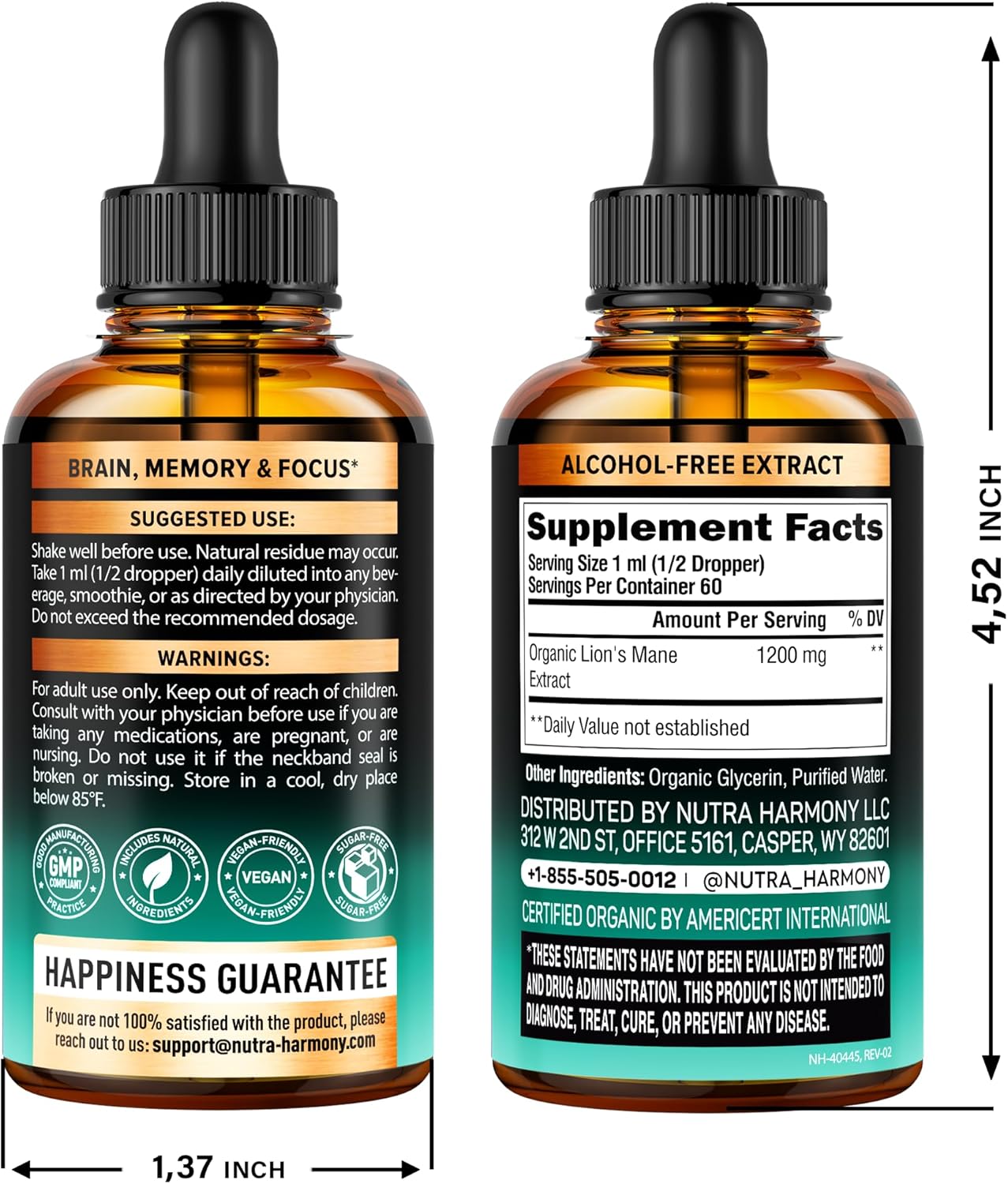 Lions Mane Liquid - USDA Certified Organic Lions Mane Supplement - Brain Support, Energy, Memory & Focus - Sugar & Alcohol-Free Lion's Mane Mushroom Extract 72,000 mg / Bottle, 2 Fl OZ, 2 Month Supply