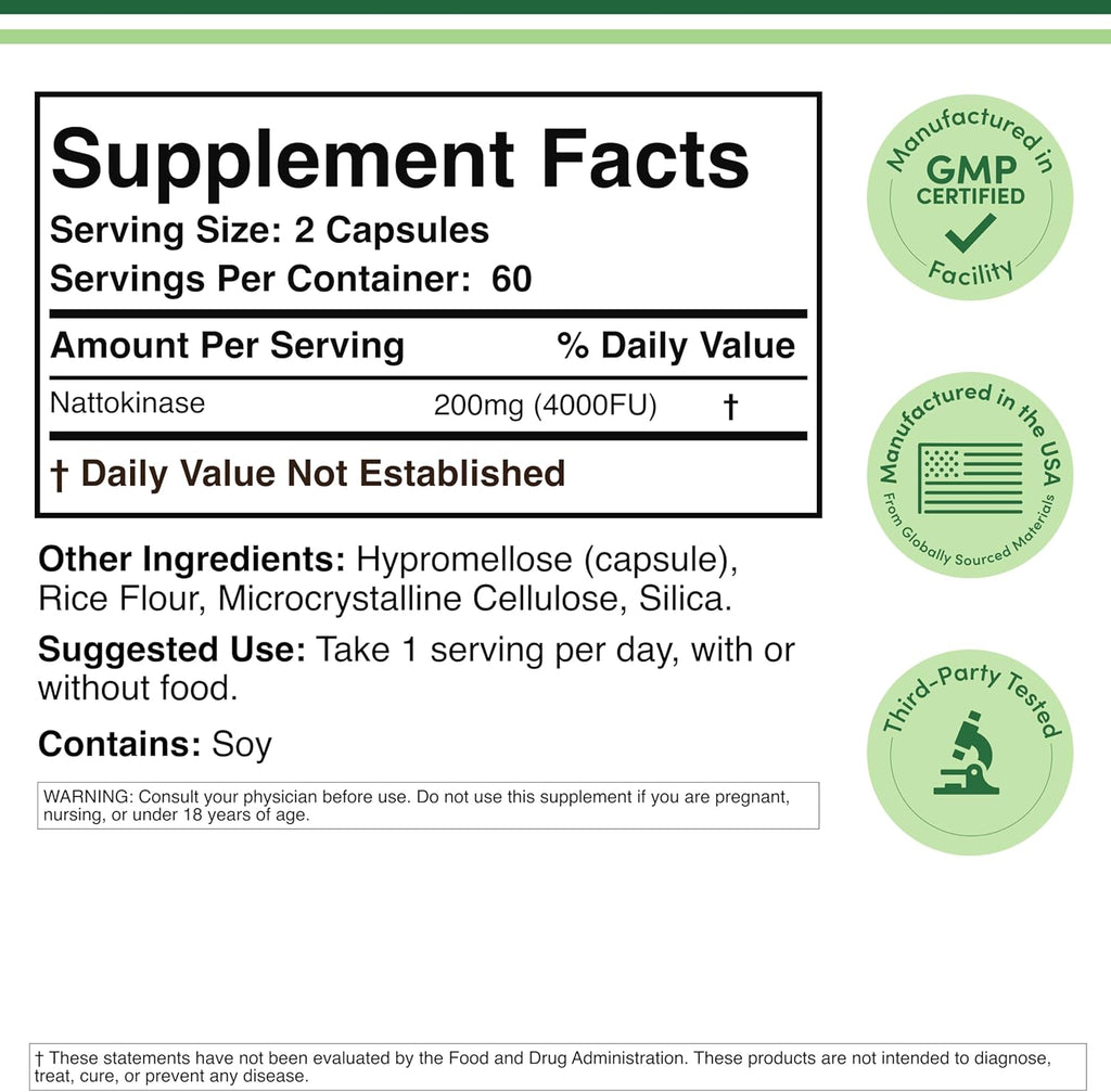 Nattokinase Supplement 4,000 FU Servings, 120 Capsules (Derived from Japanese Natto) Systemic Enzymes for Cardiovascular and Circulatory Support by Double Wood