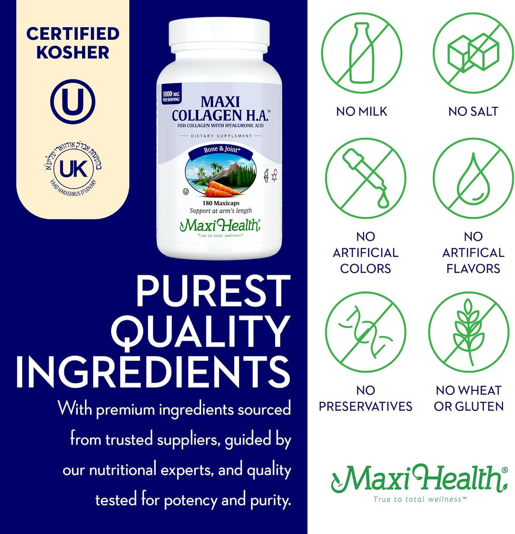 Maxi Health Marine Collagen Pills – 1000 mg Type 1 Collagen for Women & Men with Hyaluronic Acid Supplement for Joint & Skin Support – Unflavored, Clean Kosher Capsules (180 Maxicaps)