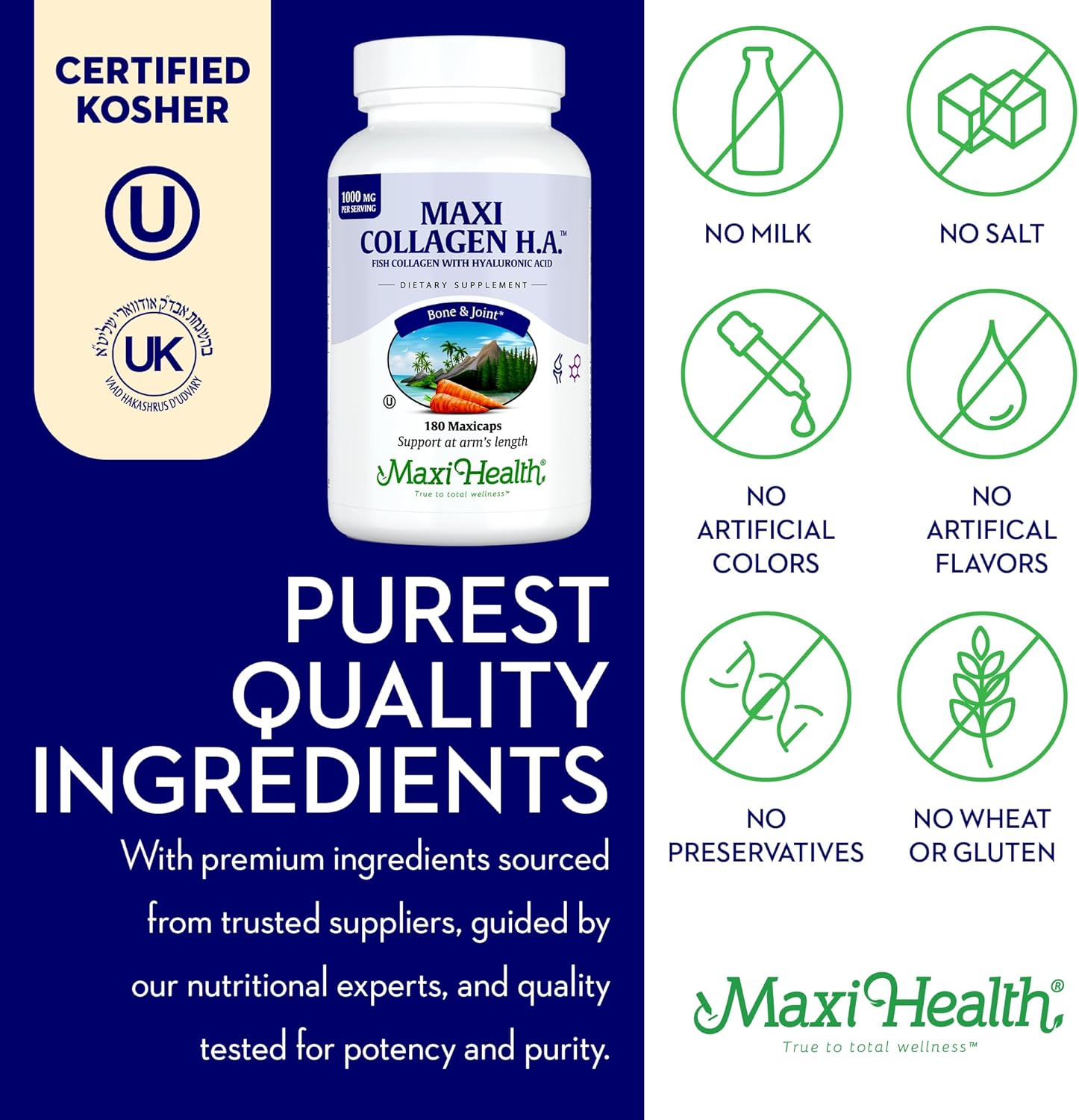 Maxi Health Marine Collagen Pills – 1000 mg Type 1 Collagen for Women & Men with Hyaluronic Acid Supplement for Joint & Skin Support – Unflavored, Clean Kosher Capsules (180 Maxicaps)