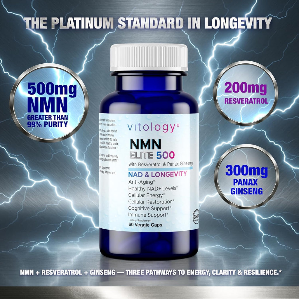 NMN Elite 500 – NMN 500mg, Resveratrol 200mg, Panax Ginseng 300mg – NAD+ Cellular Energy & Longevity Support Supplement – Focus, Vitality & Anti-Aging Formula – Non-GMO, Vegan Capsules