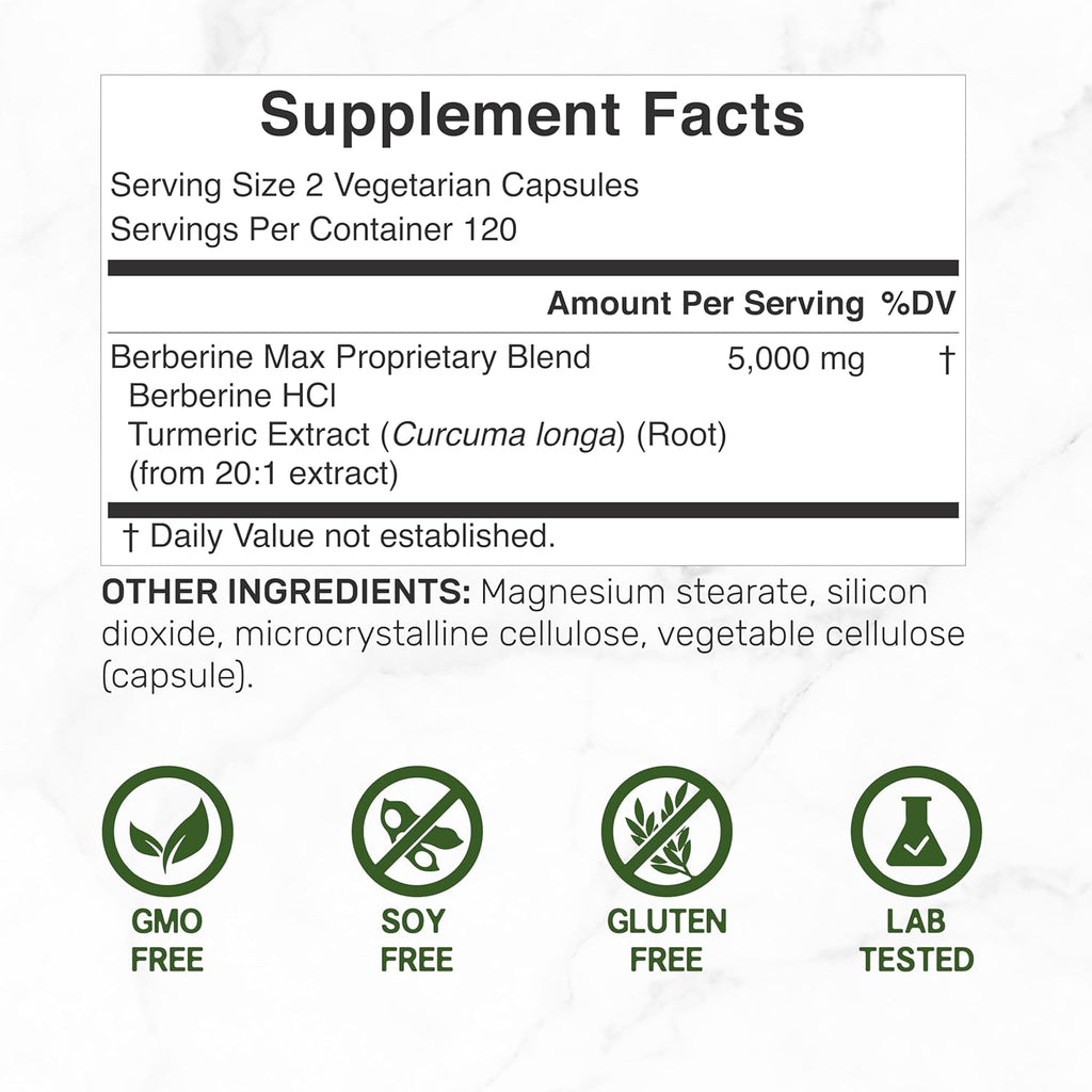 DEAL SUPPLEMENT Berberine Max Supplement with Turmeric, 5,000mg Per Serving, 240 Veggie Capsules – 97% Pure Berberine HCL – 25:1 Root Extract – Vegetarian Friendly, Non-GMO