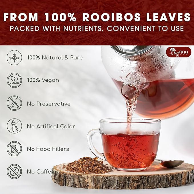 TOG999, 135 Premium Red Rooibos Tea Bags, 100% Natural & Pure from Rooibos Tea Leaves. Loose Leaf Rooibos Herbal Tea. Made with Natural Material Tea Bags. No Sugar, No Caffeine, No Gluten, Vegan.