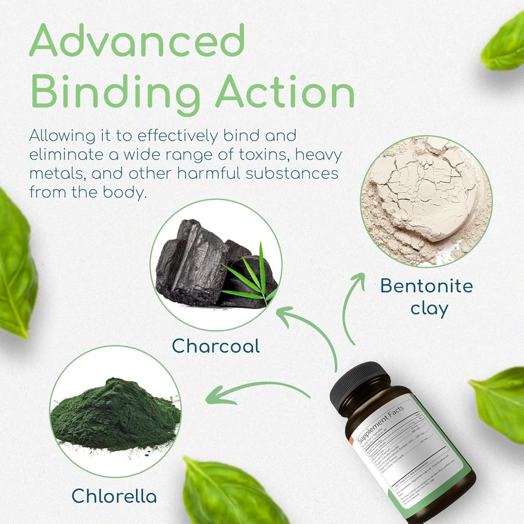 Binder Blend - Toxin Binder Supplement, Detox Capsules for a Healthy Gut - 180 Capsules - 90 Servings - 960mg Activated Charcoal & 480mg Organic Chlorella - Bloating Relief - Bentonite Clay, 3 Pack