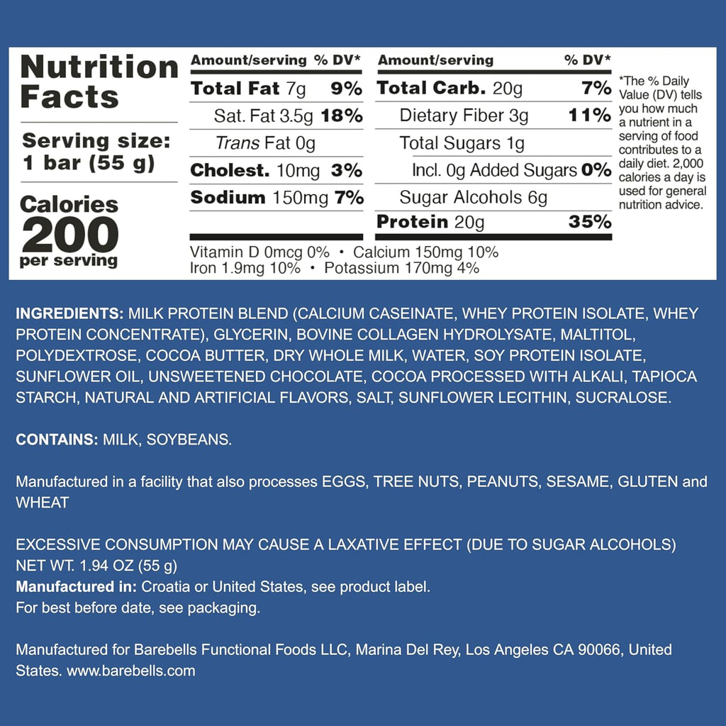 Barebells Protein Bars Brownie Dough - 12 Count, Pack of 2 - Protein Snacks with 20g of High Protein - Low Carb Protein Bar with 1g of Total Sugars - Perfect on The Go Low Carb Snack & Breakfast Bars