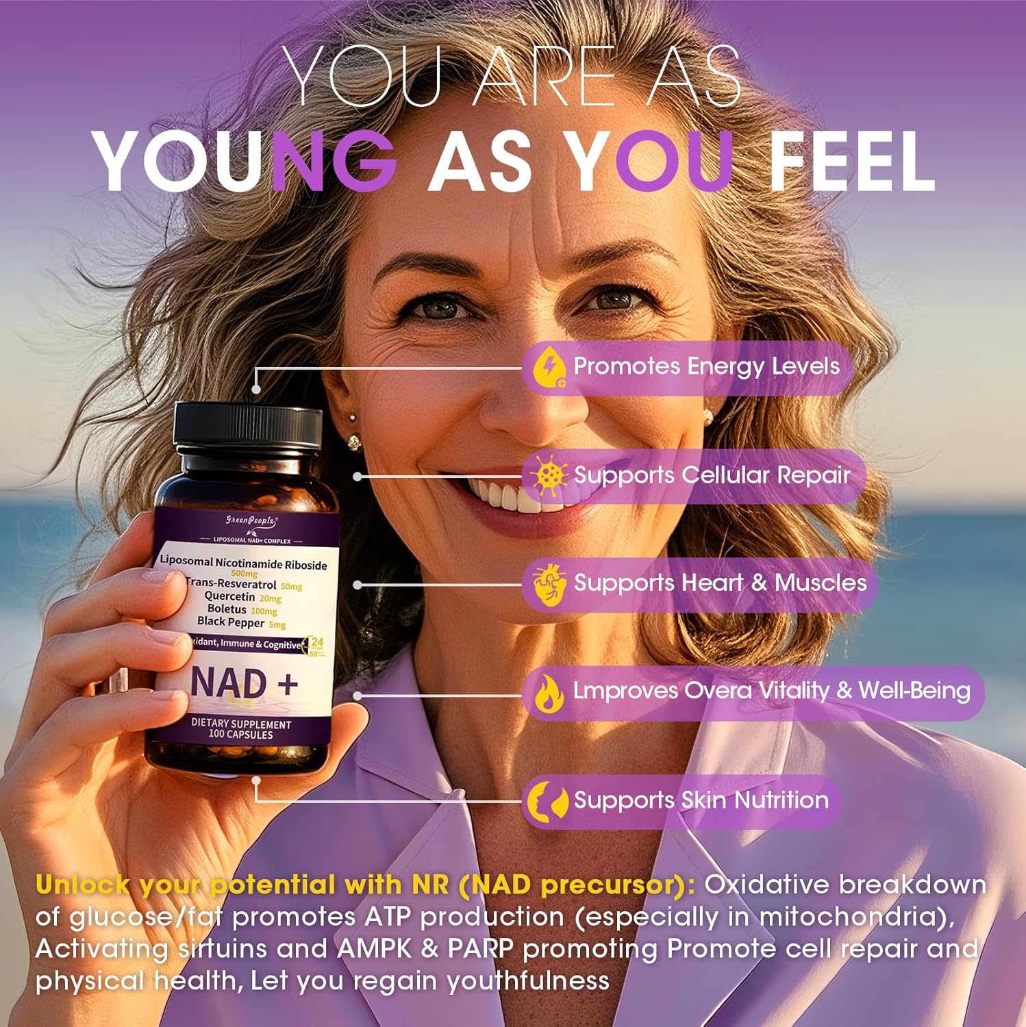 Liposomal NAD Supplement for Women | NAD+ Supplement Nicotinamide Riboside with Resveratrol & Quercetin | NAD Plus Boosting | Cellular Energy, Anti-Aging Support |100 Vegan Capsules 2 Pack