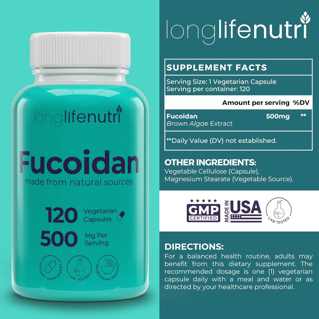 Fucoidan 500mg – Brown Seaweed Extract Supplement from a Natural Source of Fucoidan & Fucoxanthin | 120 Vegetarian Capsules for Energy & Wellness | Made in USA, GMP Certified