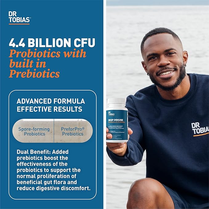 Dr. Tobias Deep Immune Probiotics & Prebiotics - Dual Action Digestion & Immune Support with PreforPro Prebiotics & Spore Forming Probiotics for Women & Men - 120 Capsules (60 Servings)