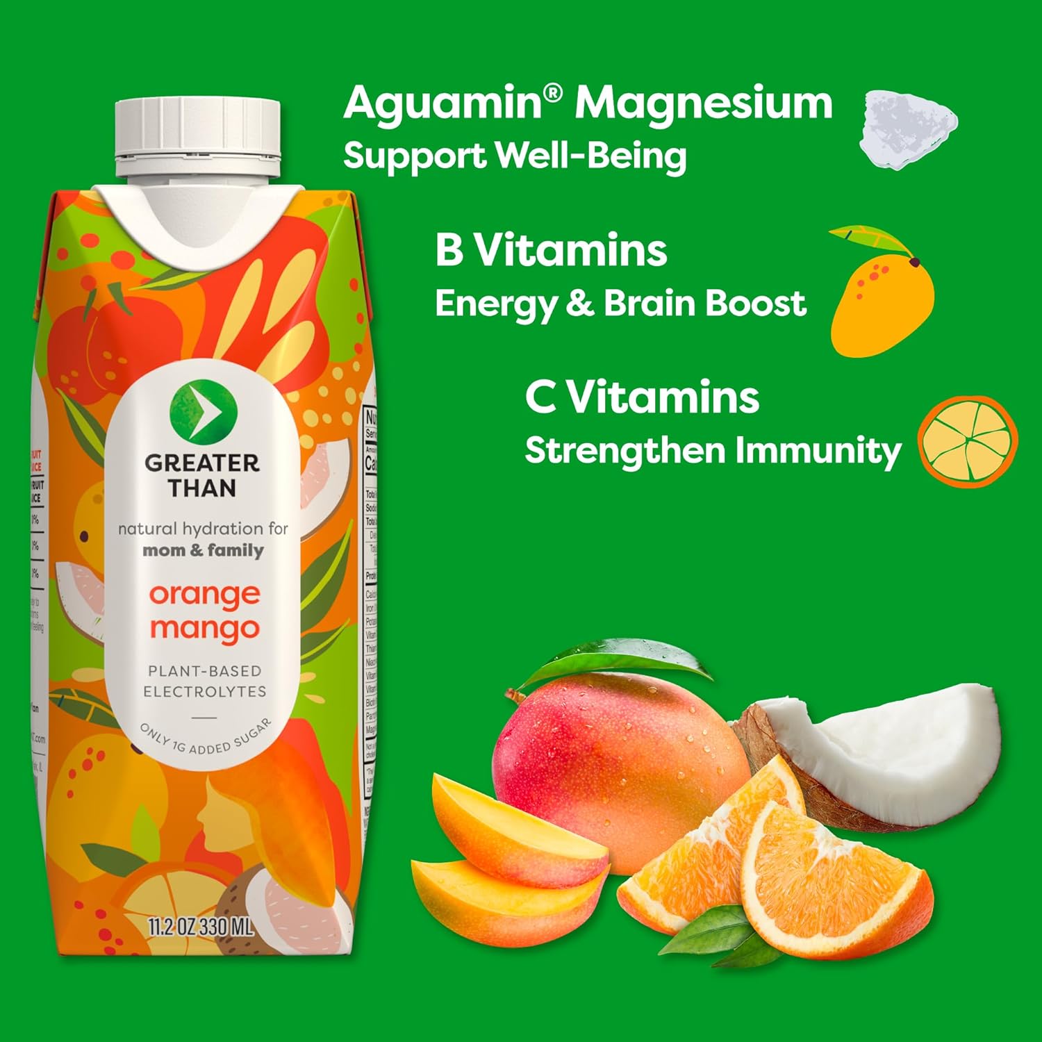 Greater Than Nutrient Hydration Beverage, Electrolyte Drink for Gut Health & Energy with Coconut Water, Vitamins, Gluten Free, Plant Based, Low Sugar, Orange Mango, 24 Pack