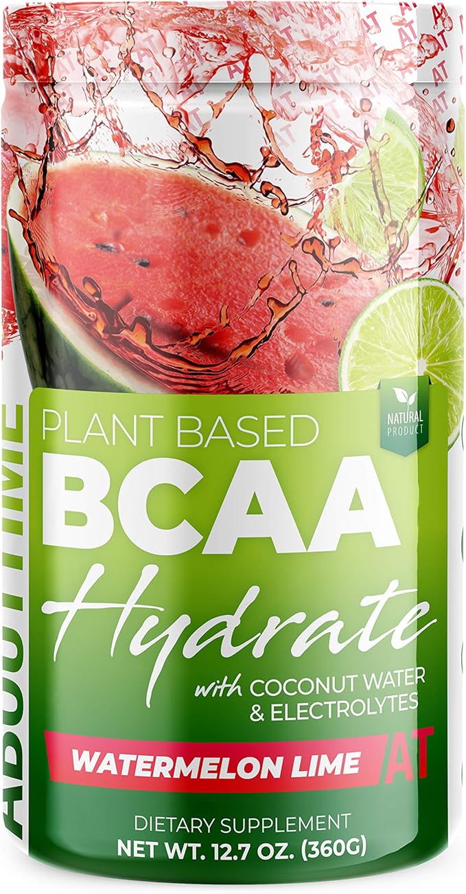 About Time BCAA Hydration Powder Watermelon Lime, with L-Glutamine & Electrolytes, Non-GMO, Gluten Free, Monk Fruit, Coconut Water, 20 Servings