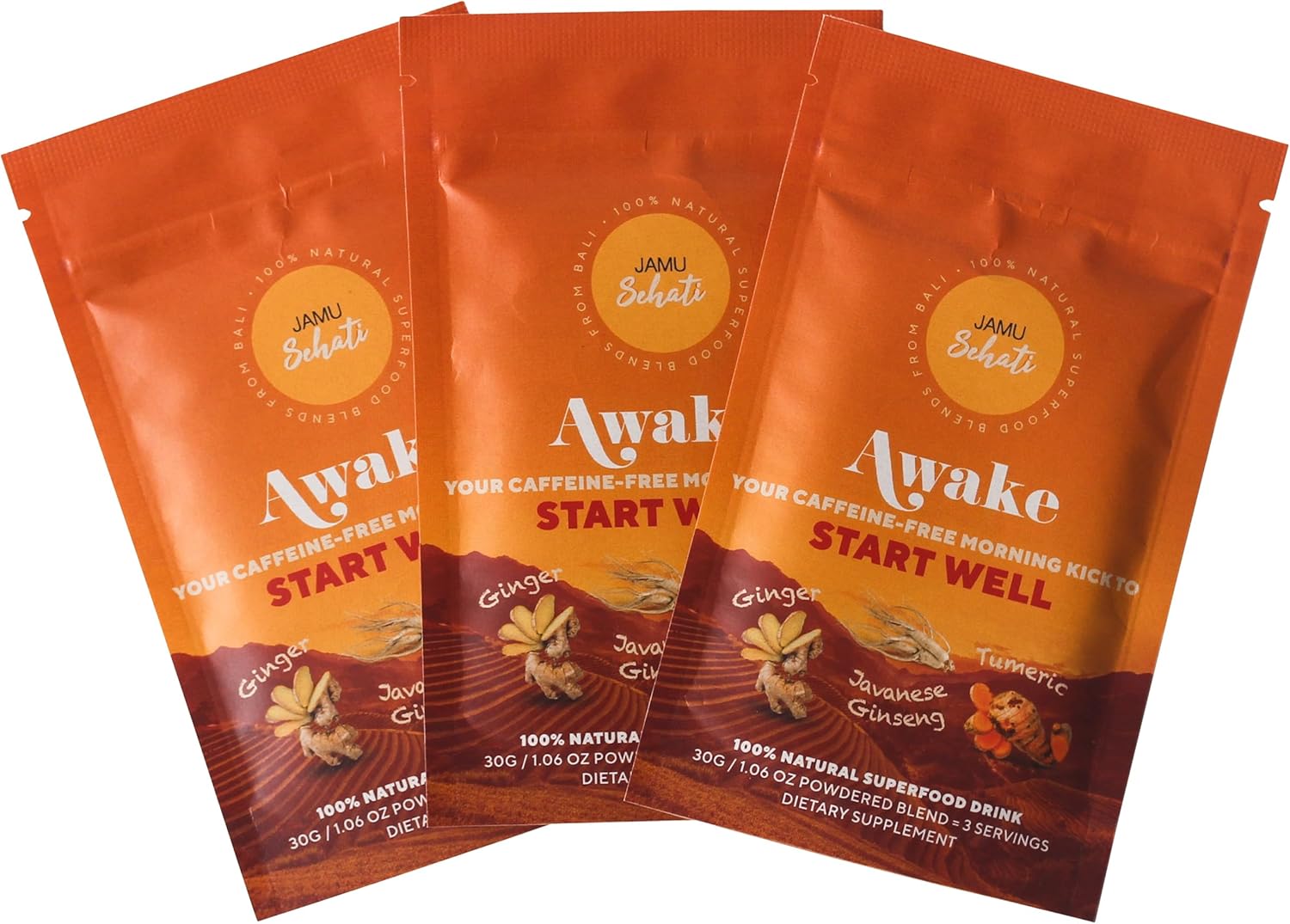 JAMUSEHATI Awake, Caffeine-Free Morning Kick, Natural Superfoods Blend from Bali, Containing Ginger, Turmeric and Javanese Ginseng, Pack of 3 Sachets