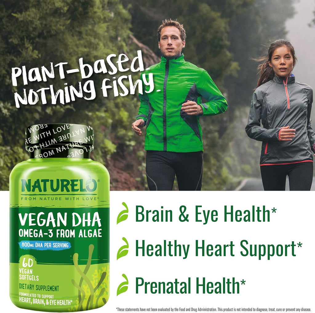 NATURELO Vegan DHA - Omega 3 Oil from Algae - Supplement for Brain, Heart, Joint, Eye Health - Provides Essential Fatty Acids for Women, Men and Kids - Complements Prenatal Vitamins - 60 Softgels