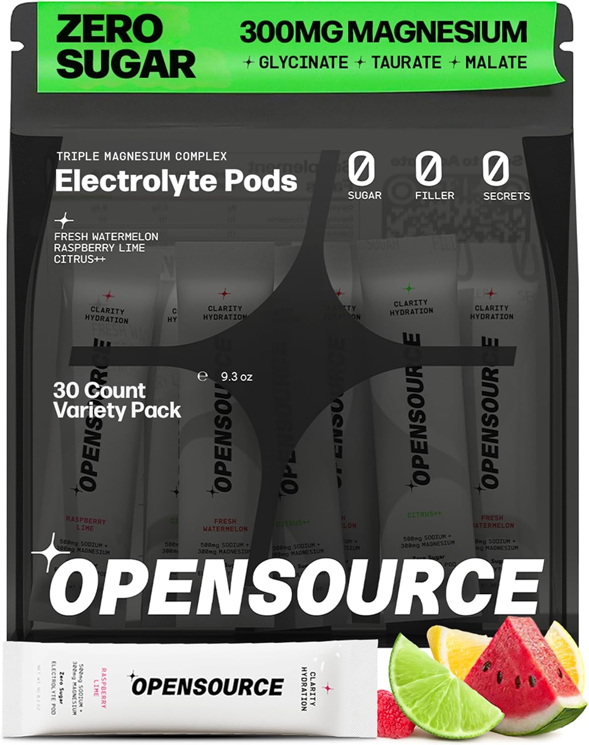 opensource Sugar Free Electrolyte Powder Packets 300mg Triple Magnesium for Calm & Focus | Glycinate, Taurate, Malate | Carnivore, Keto, Paleo | 30 Pack - Watermelon | Raspberry Lime | Lemon Lime