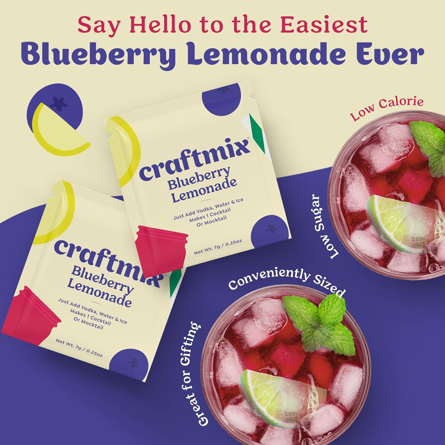 Craftmix Blueberry Lemonade Mix, 12 Packets, Easy Powder Drink with Real Fruit, Low-Sugar, Vegan, Low-Carb, Non-GMO, Dairy-Free, Gluten-Free, Flavored Water Enhancer, On-the-Go Water Flavoring Packets