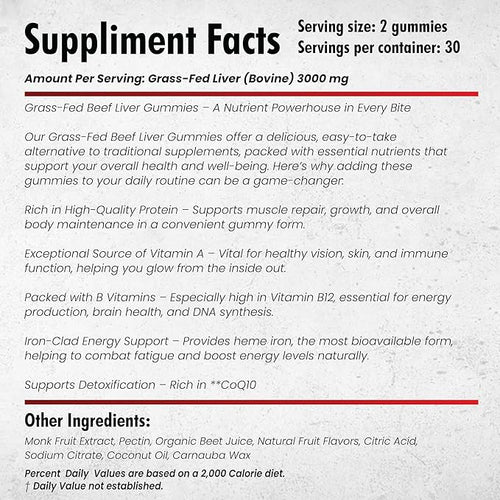 Beef Liver Supplement Grass Fed | Beef Organs Gummies for Women | Pasture Raised in New Zealand | High in Vitamin A B12 & Heme Iron | Non-GMO | Hormone & Pesticide Free | Tastes Delicious | 60 Gummies