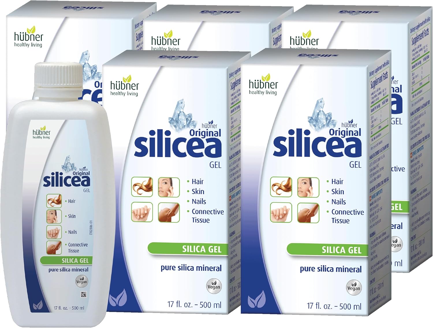 Hübner Original Silicea Gel 17 fl oz / 500 ml, 5 Pack, for Hair, Skin, Nails, and Connective Tissue, Pure Colloidal Silica Gel Formula, No Additives or Preservatives
