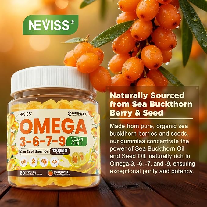 Omega 3-6-7-9 Gummies, Organic Sea Buckthorn Oil 1200MG & Flaxseed Oil 500MG, Vegan Omega 7 Supplement w/Vitamin A, C, E, Fatty Acids, No Fish Taste, Supports Skin, Eye, Immune, Brain Health, 60 Cts